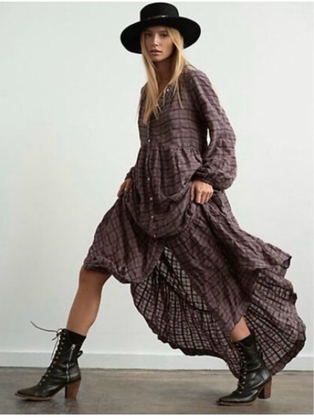 Free People Edie Plaid Shirt Dress in Horseshoe Brown Size S